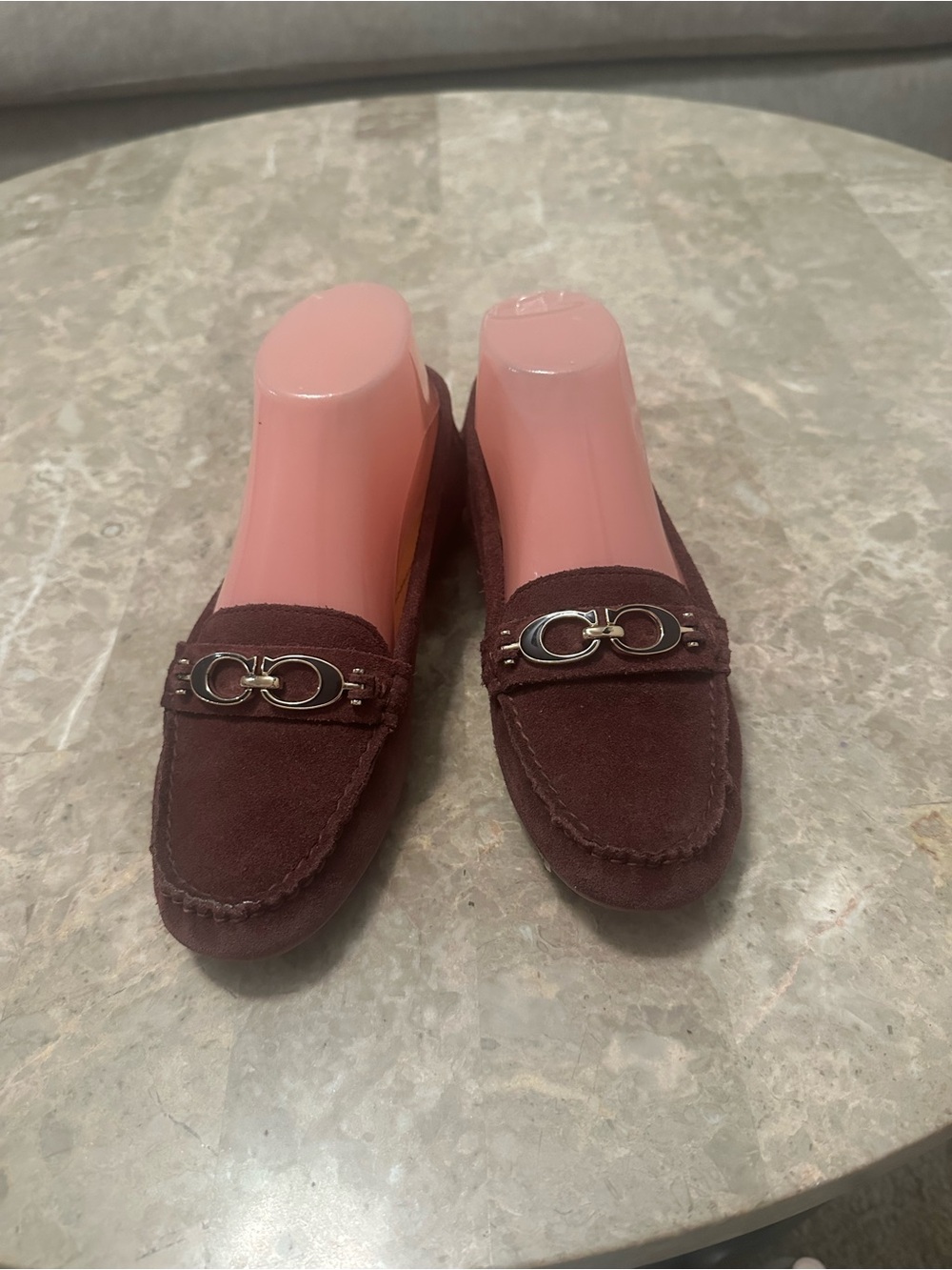 Coach Burgundy Suede Loafers with Signature Metal Bit
